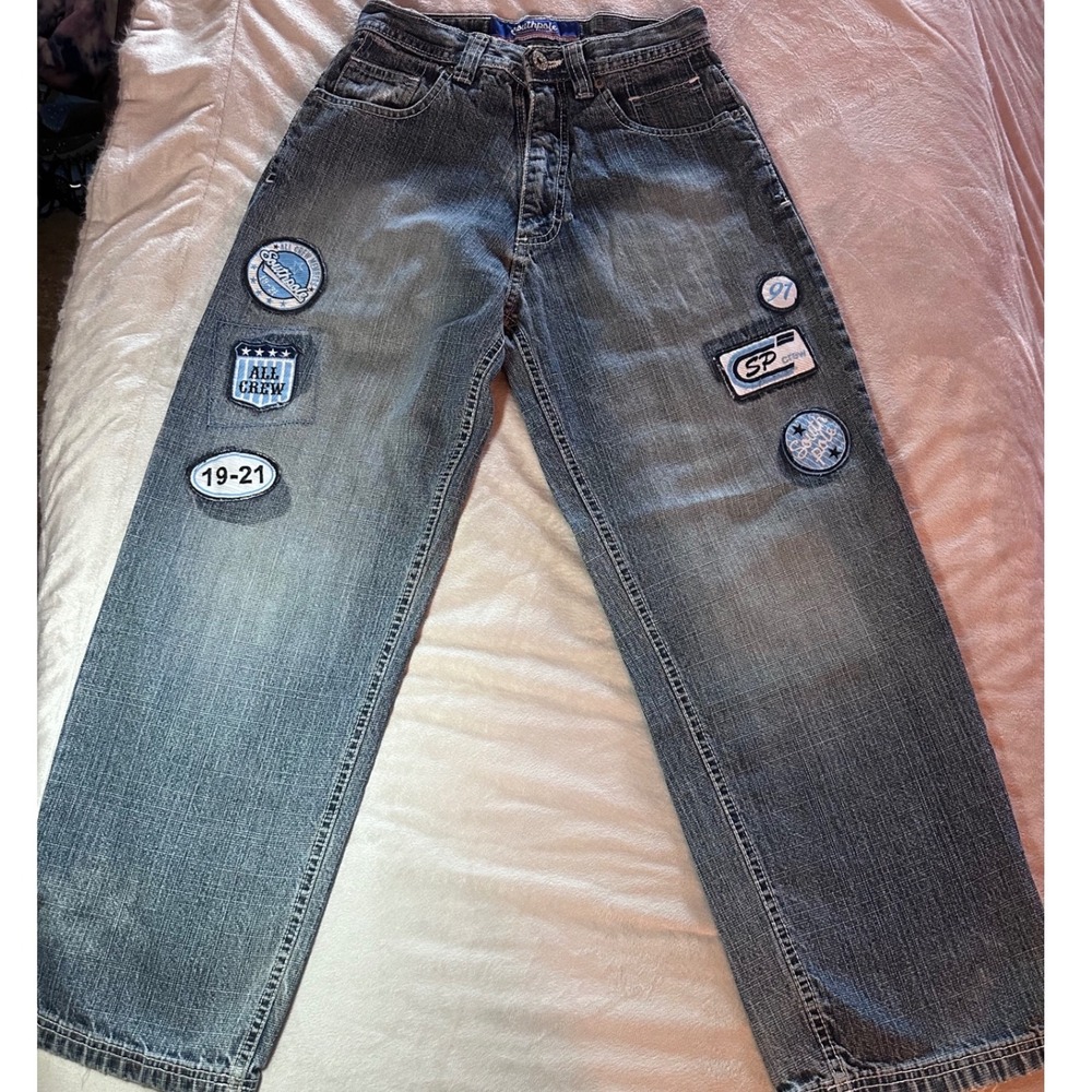 Southpole Boys Relaxed Fit Patched Denim Jeans Blue Med Wash Size 14 Y2K Skater